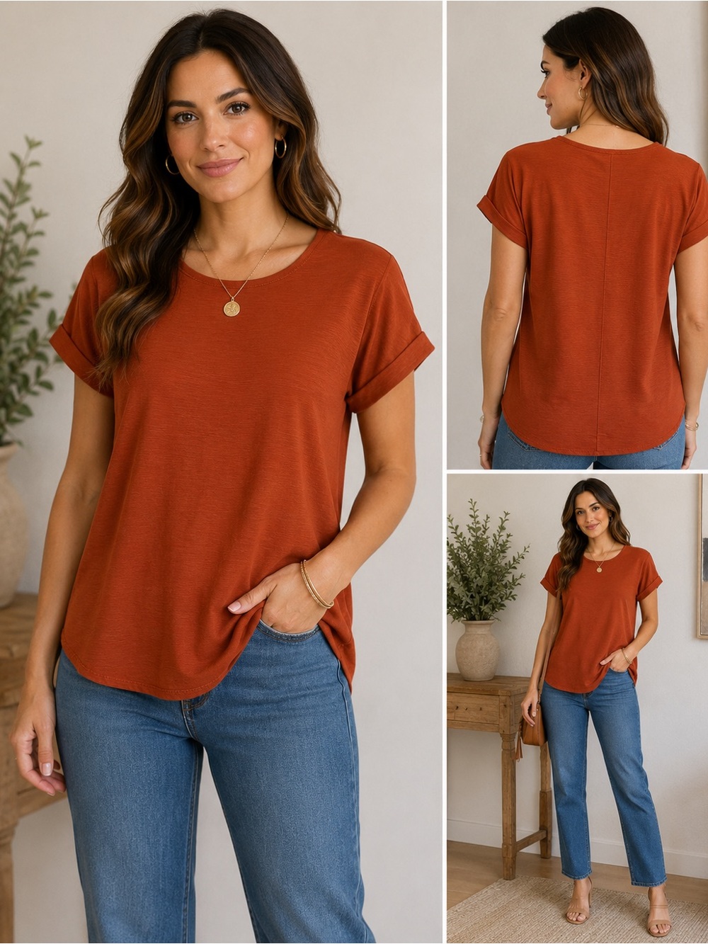 Entro, Rust Roll-Sleeve Short Sleeve Tee, Large